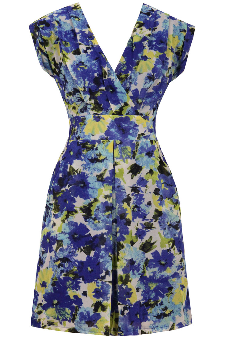 Blue Floral Print Pleated Cross Over Mini Dress