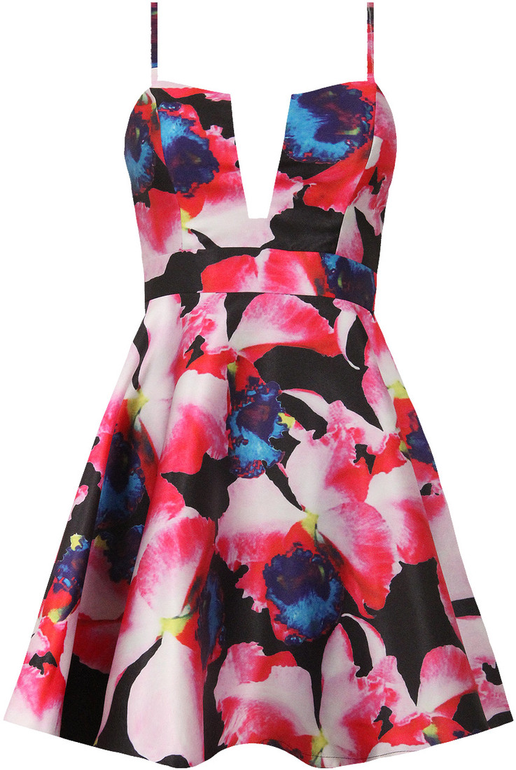 Black Floral Print Front V Cut Out Skater Dress 