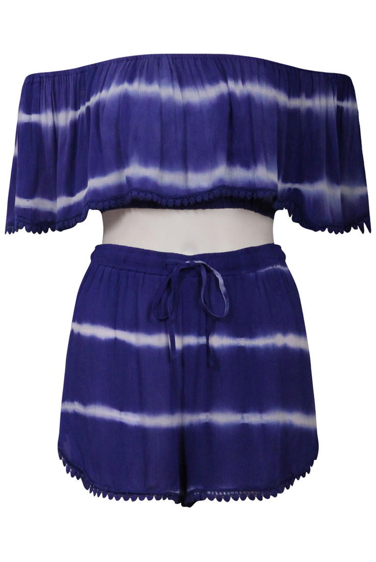 Blue Tie Dye Bardot Top & Shorts Set