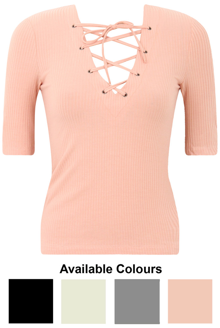 Ribbed Lace Up Fitted T-Shirt - 4 Colours
