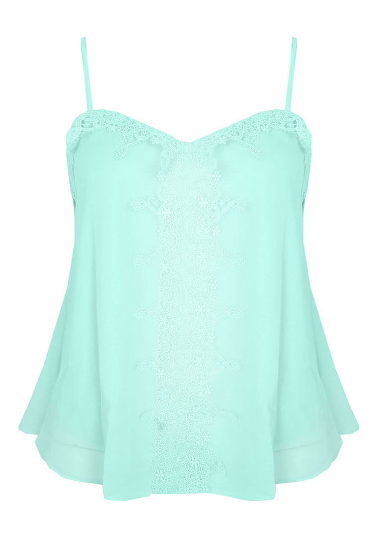 Mint Green Delicate Lace Trim Chiffon Strappy Cami Top