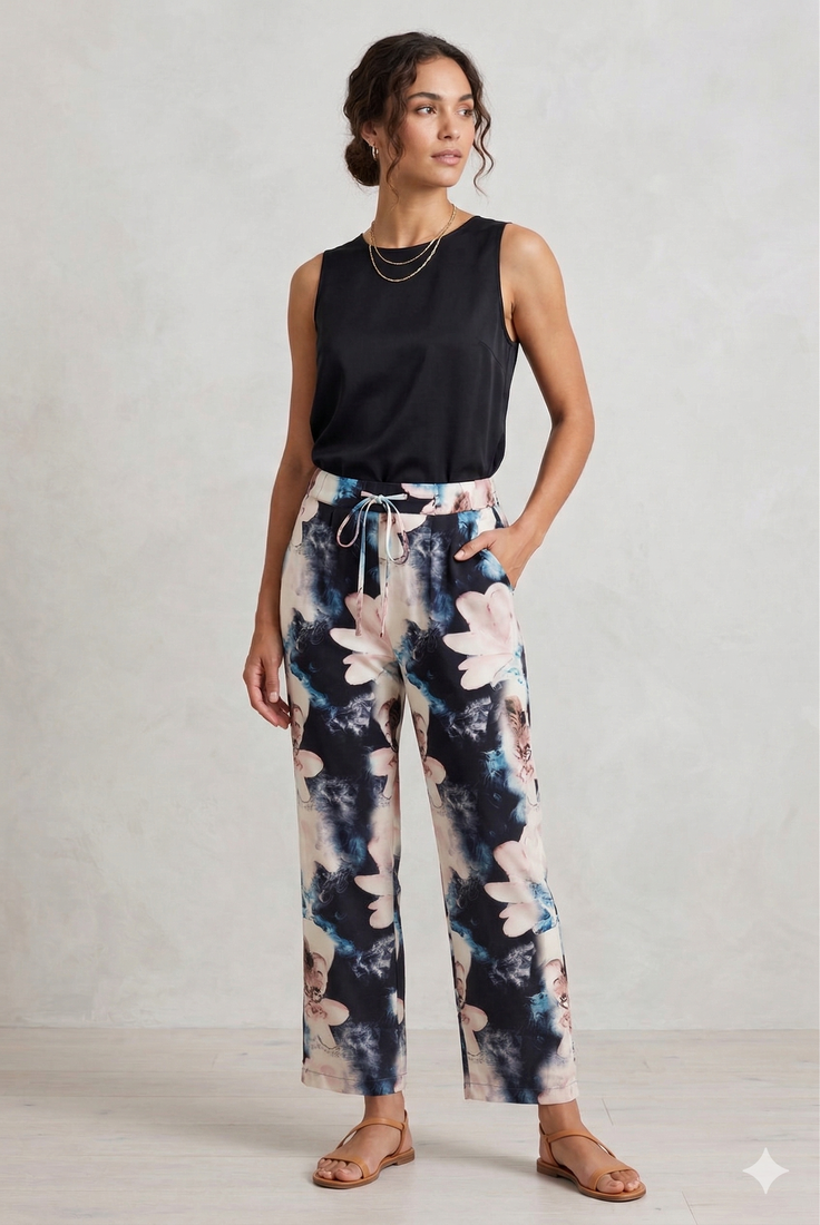 Navy Floral Printed Tie Up Trousers