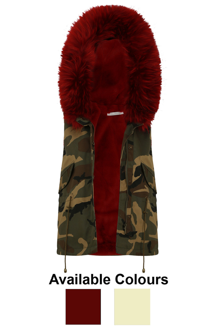 Camouflage Fur Hood Gilet - 2 Colours