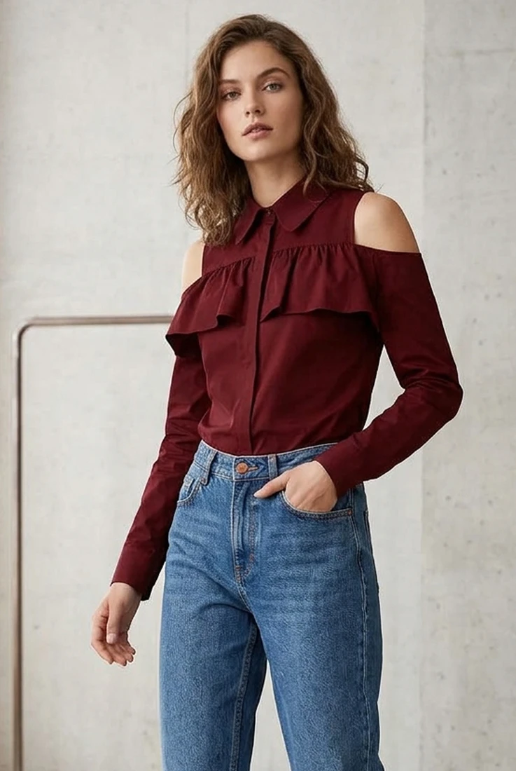 Frill Cold Shoulder Long Sleeve Shirt - 5 Colours