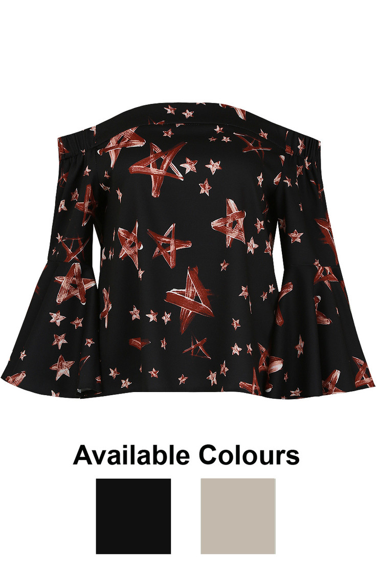 Contrast Star Print Bell Sleeve Tops - 2 Colours