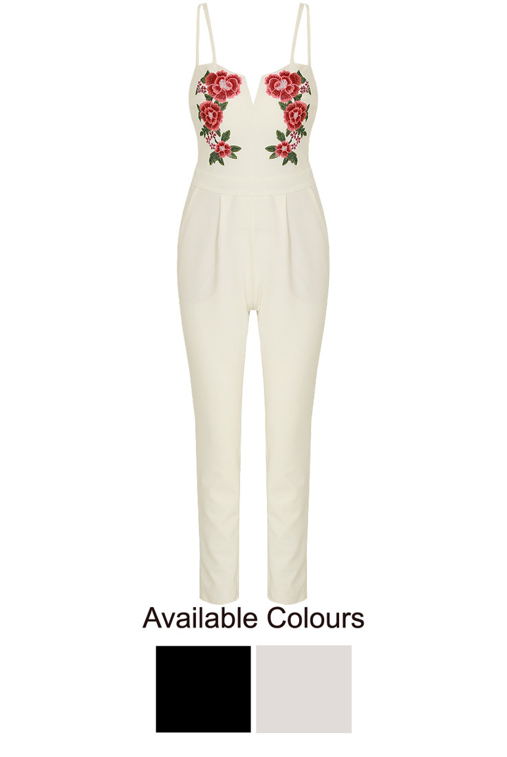 Flower Embroidery Back Zip Up Jumpsuit - 2 Colours