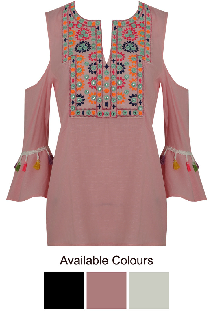 Floral Embroidery Cold Shoulder Tops - 3 Colours