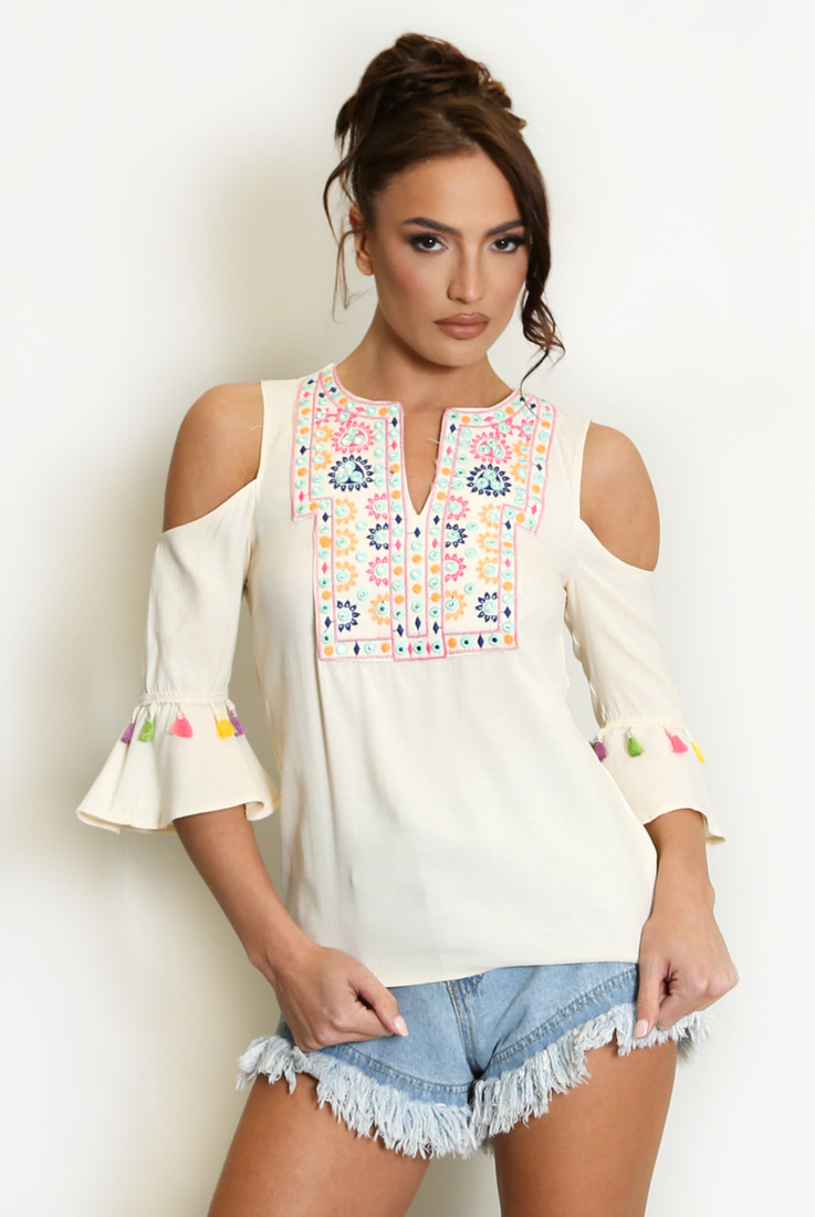 Floral Embroidery Cold Shoulder Tops - 3 Colours
