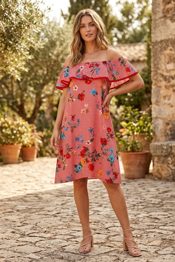 Gingham Floral Print Layered Shift Dress - 2 Colours