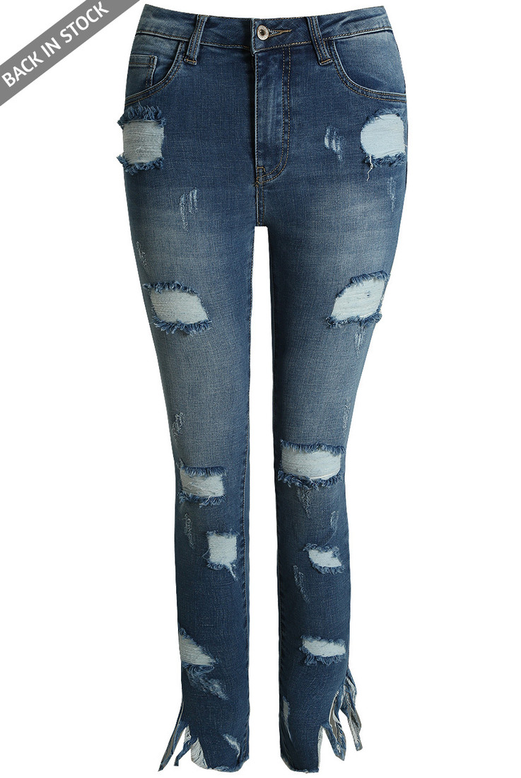 Denim Blue Ankle Grazers Shredded Jeans