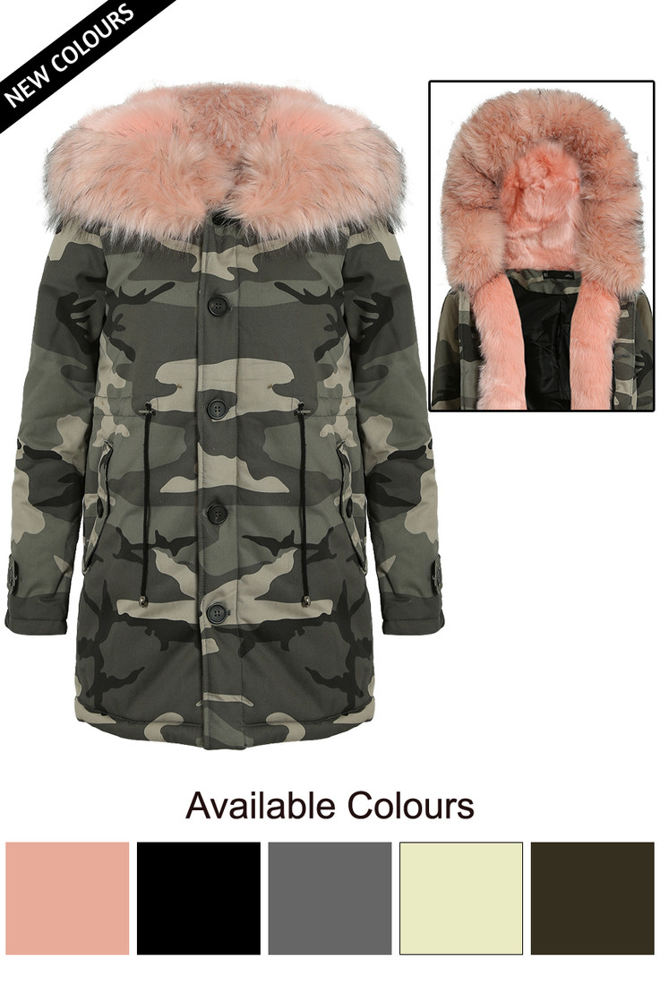 Camouflage Parka Coat with Fur Hood - 5 Colours