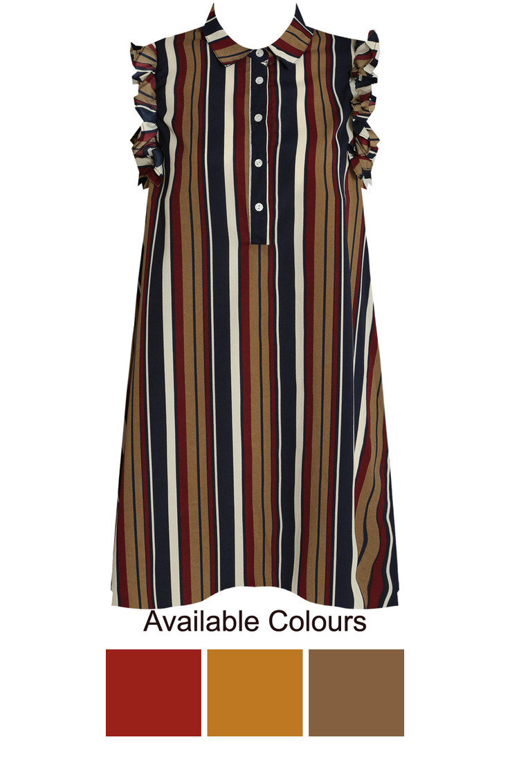 Striped Front Button Up Frilled Sleeve Shift Dress - 3 Colours