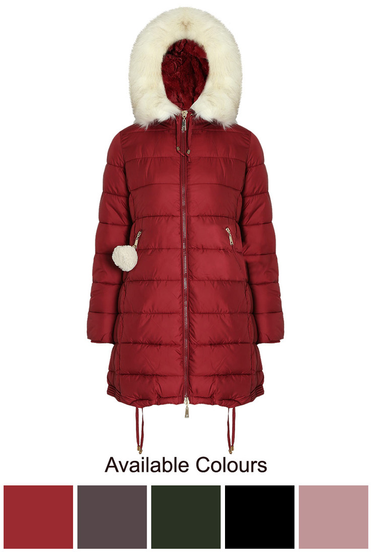 Padded Fur Hood Pom Pom Trim Coat - 5 Colours