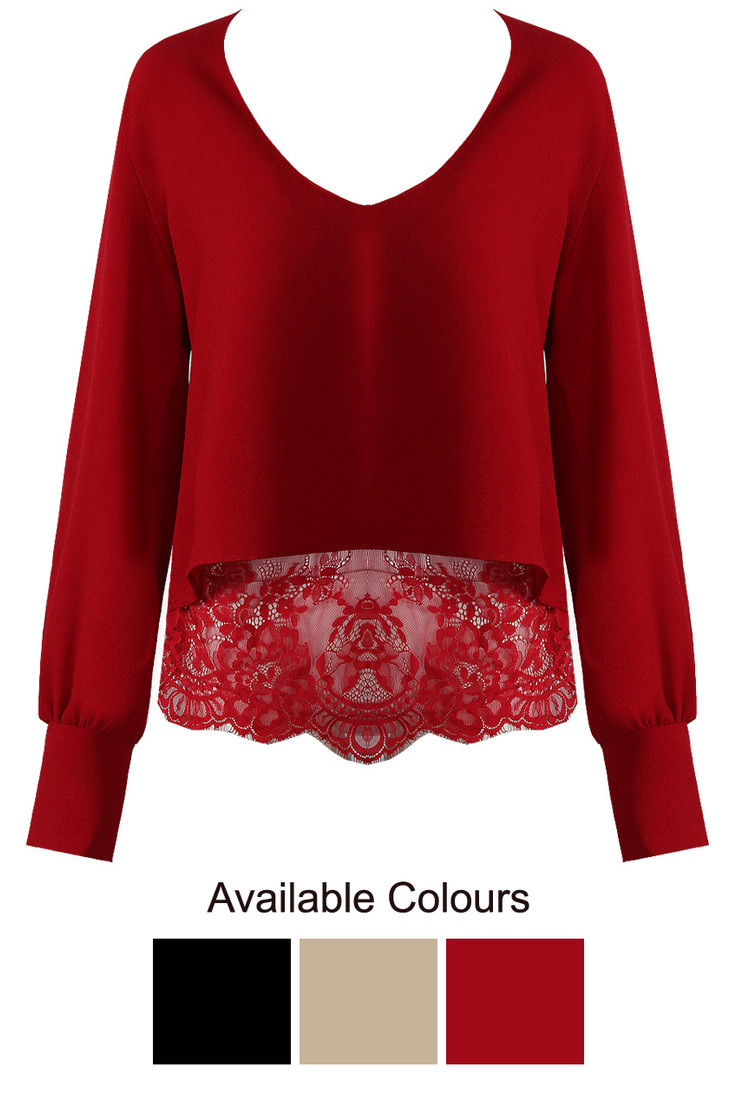 Lace Inlay Plunge Neck Blouse - 3 Colours