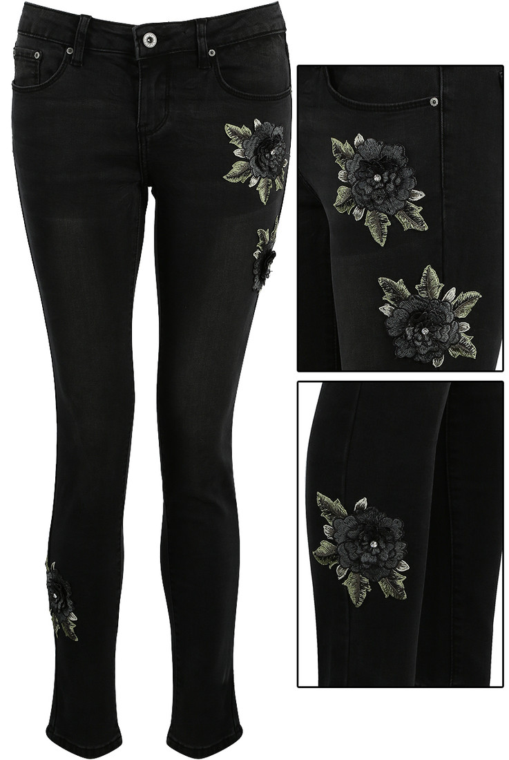 Embroidered Floral Trim Black Denim Jeans