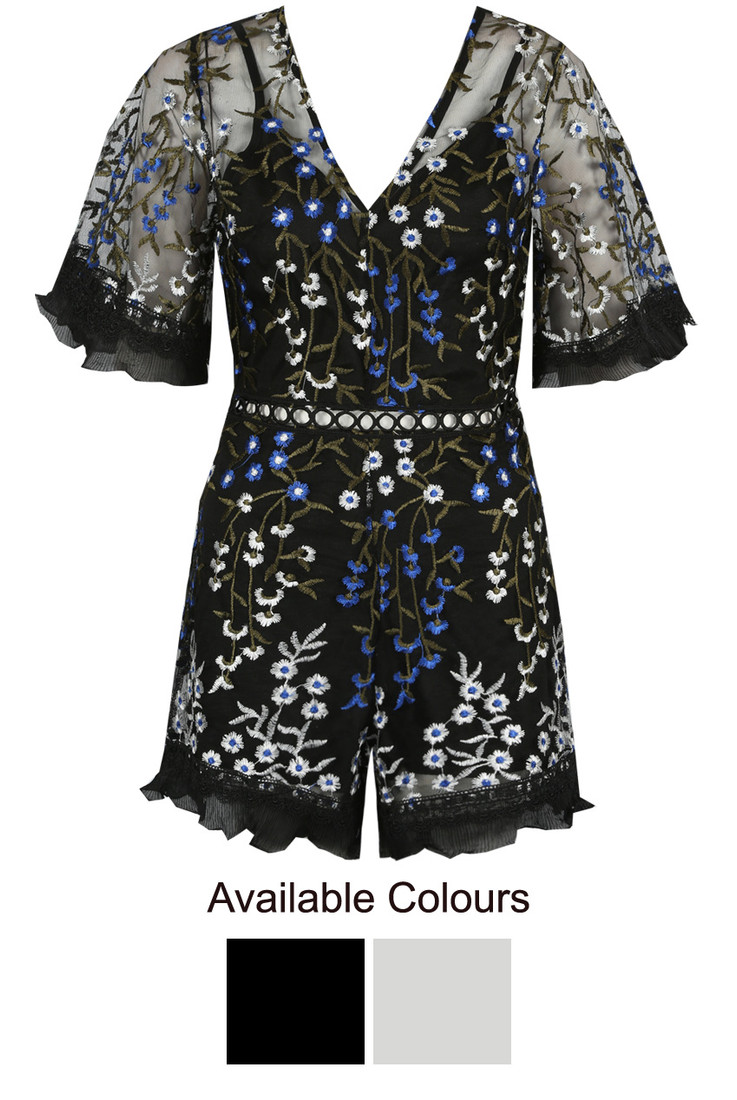 Contrast Embroidery Floral Print Playsuit - 2 Colours