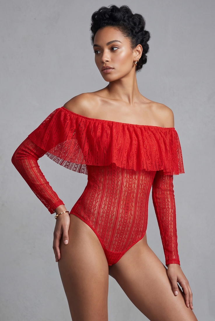 Lace Mesh Trim Frilled Bodysuit - 3 Colours