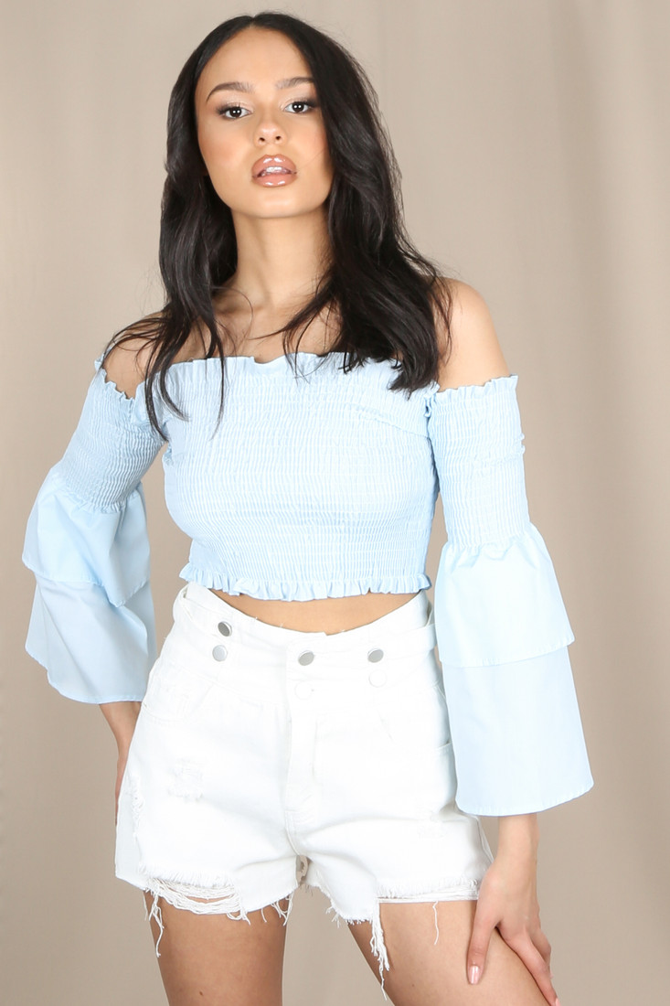 Shirred Bandeau Bell Sleeves Tops - 5 Colours
