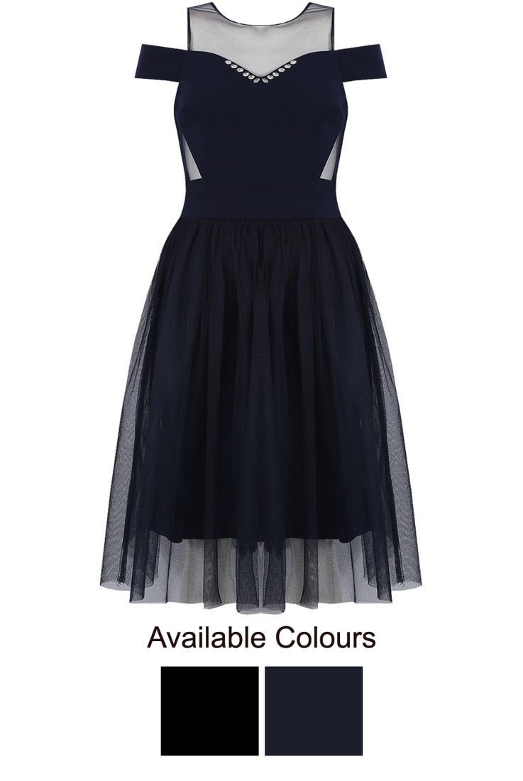 Off Shoulder Net Overlay Skater Dress - 2 Colours