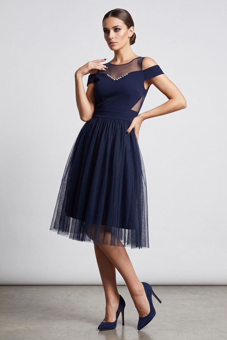 Off Shoulder Net Overlay Skater Dress - 2 Colours