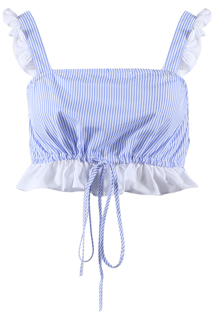 Blue Stripes Ruffle Trim Crop Top