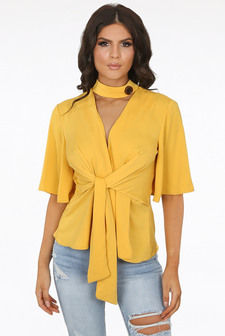 Choker Neck Tie Up Blouse - 4 Colours