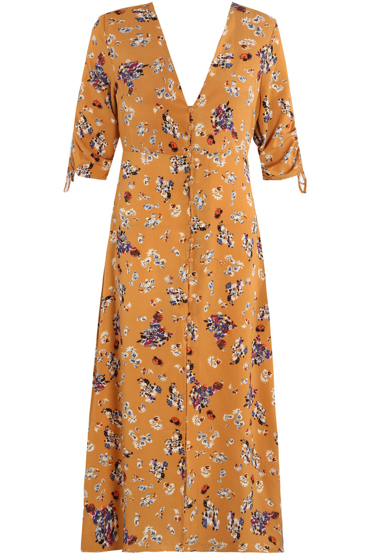 Mustard Floral  Button Up Skater Maxi Dress