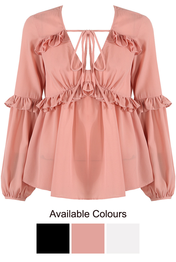 Knotted Neck Frill Blouse - 3 Colours