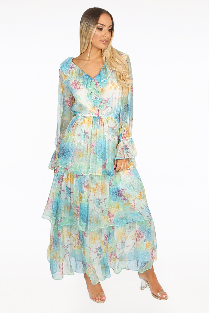 Floral Frill Trim Tier Maxi Dress