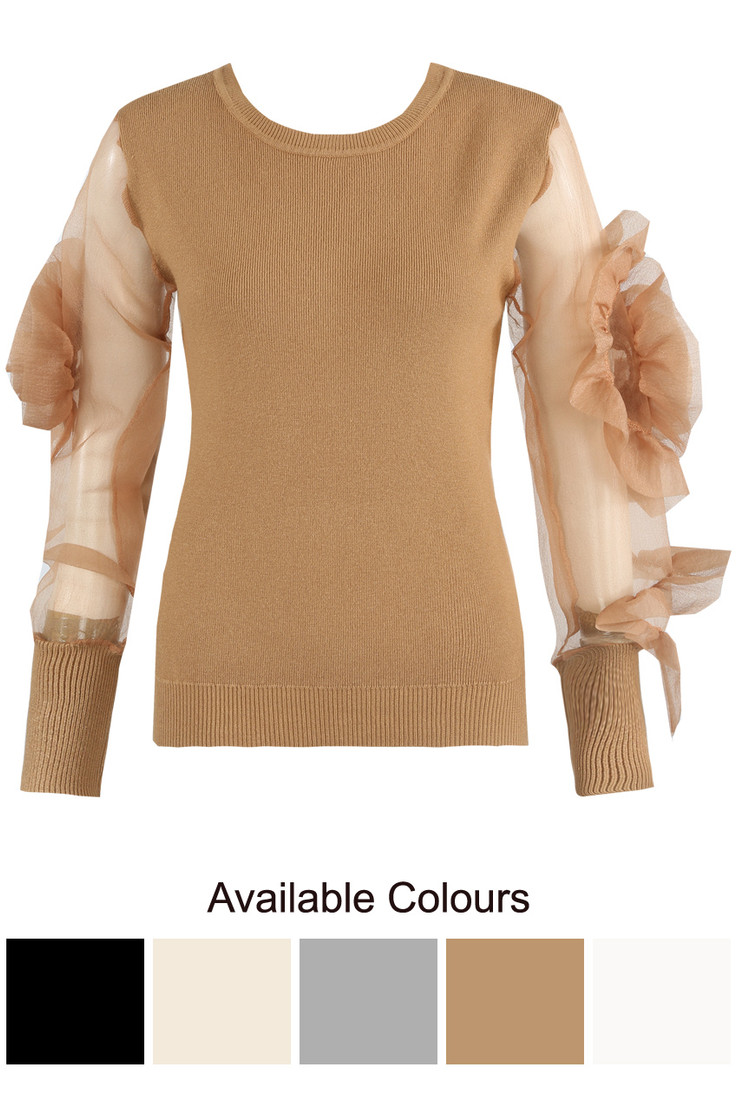 Flower Trim Mesh Sleeve Round Neck Jumper