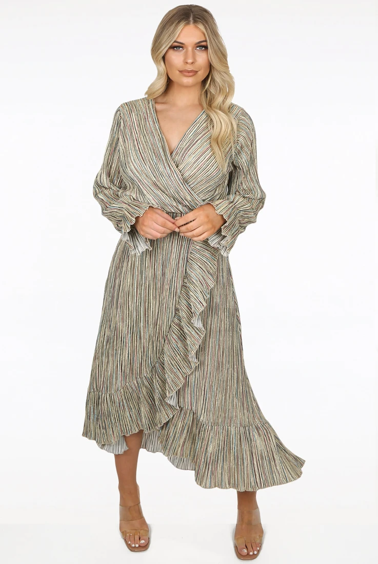 Metallic Stripe Print Wrap Midi Dress