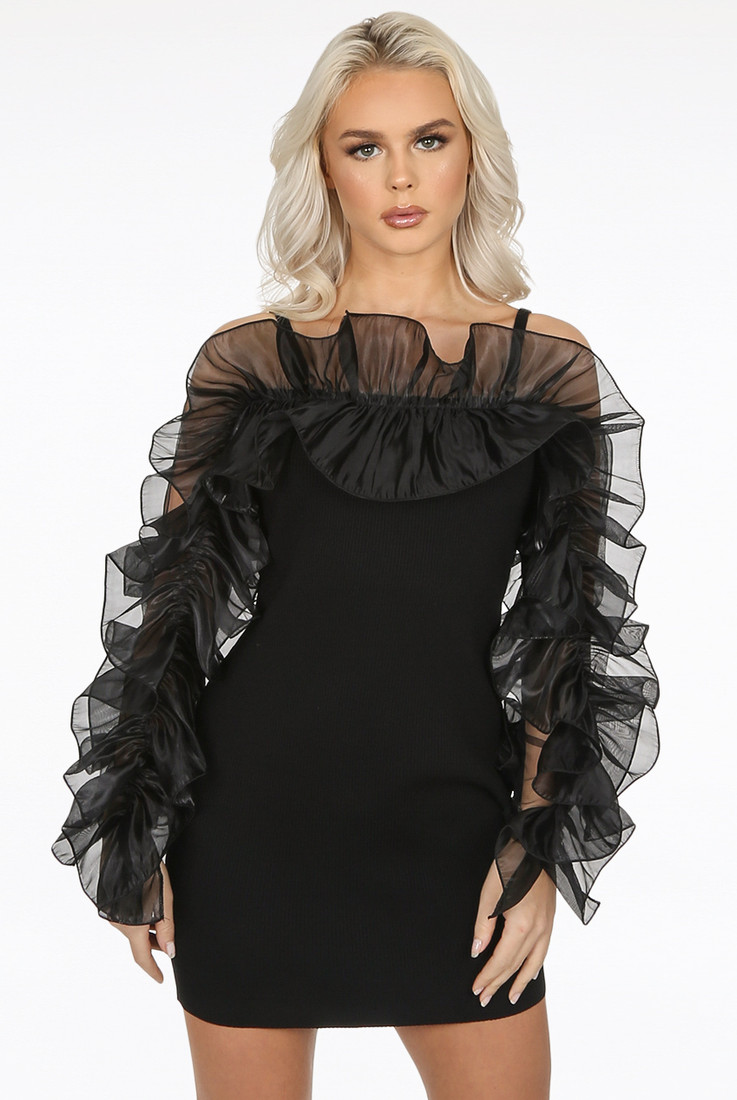 Frill Trim Cold Shoulder Ribbed Midi Dress