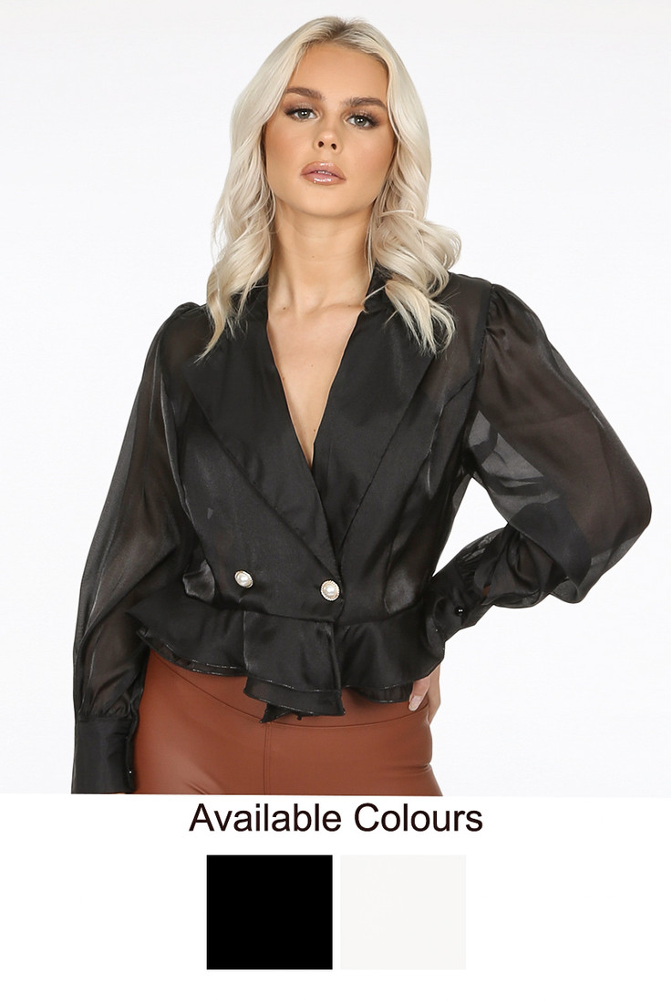 Pearl Button Trim Wrap Up Blouse