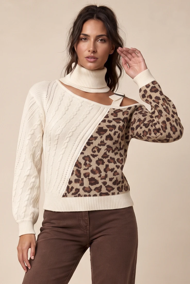 Contrast Animal Print Cut Out High Neck Knitted Jumper