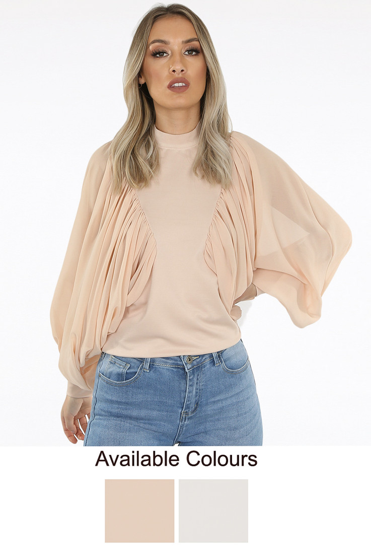 Drape Wing Sleeve Mock Neck Blouse