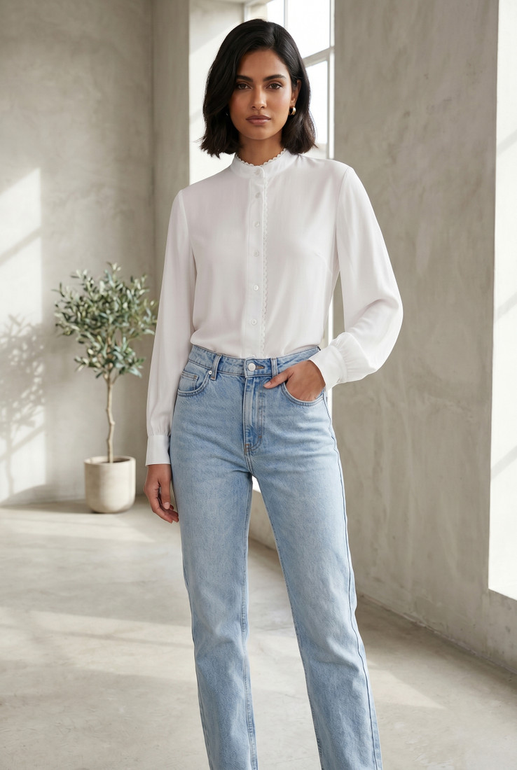 Lace Trim Long Sleeve High Neck Shirt
