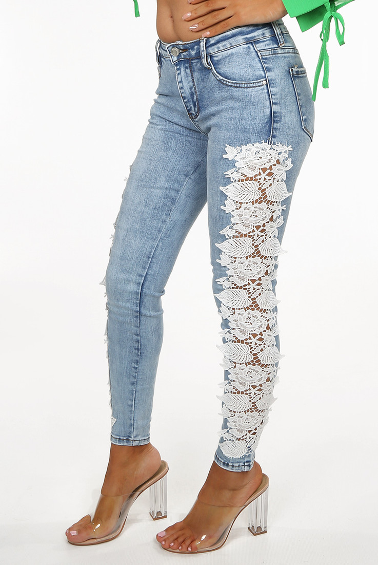 Lace Trim Washed Denim Jeans