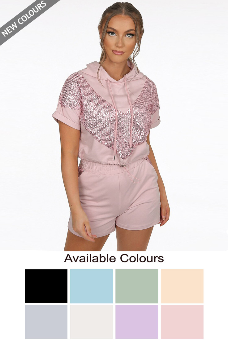 Hooded Sequin Trim Jumper & Sequin Panel Shorts Set 