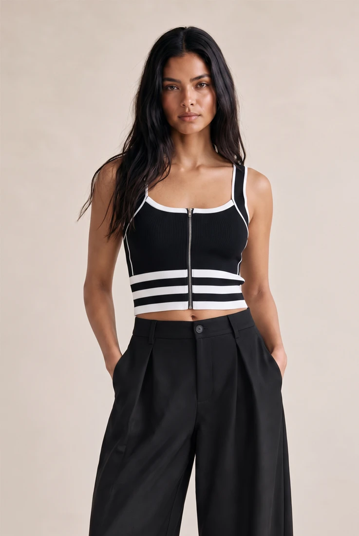 Knitted Stripe Front Zip Up Crop Tops