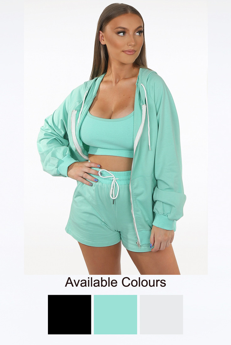 Hooded Zip Up Jumper With Cami & Shorts 3 Piece Set