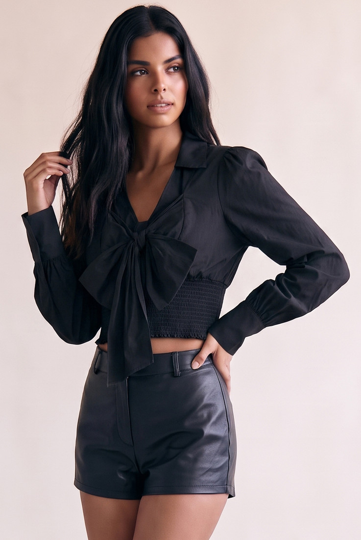 Front Knot Shirred Shirt