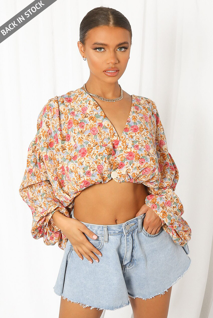 Floral Print Button Trim Wrap Tops