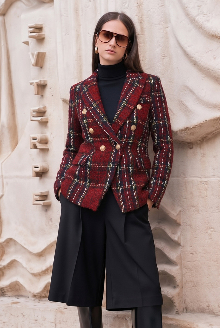 Check Pattern Knit Thread Double Breast Blazers