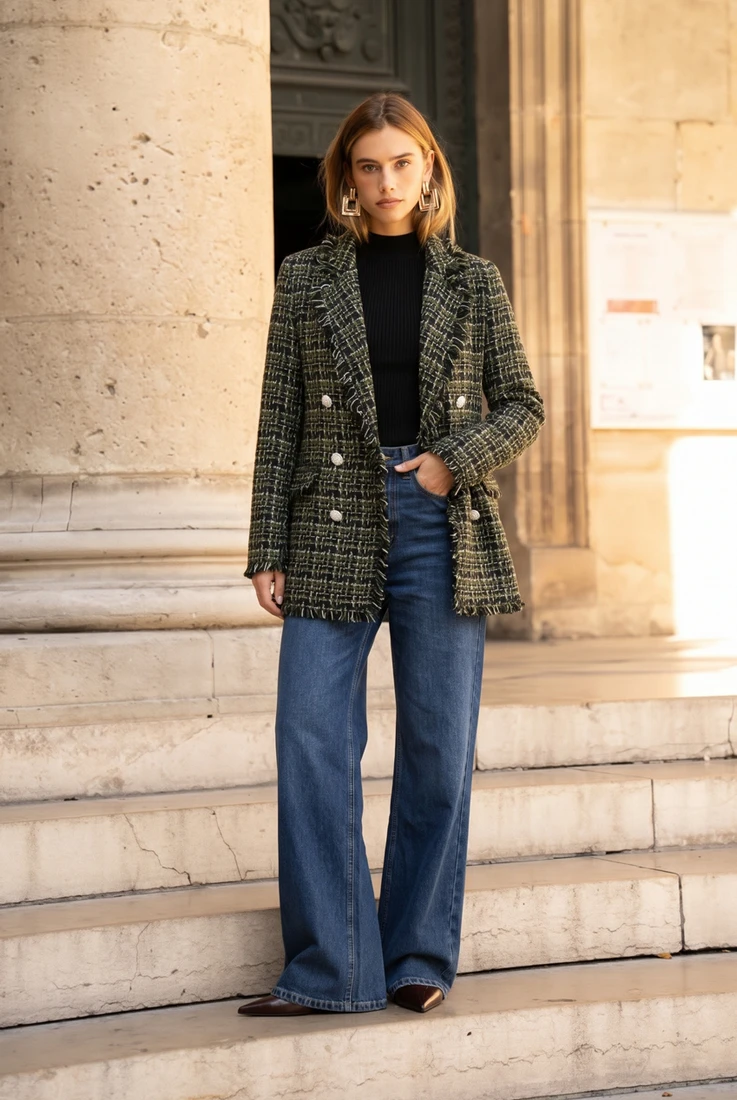 Boucle Fringe Double Breasted Blazer