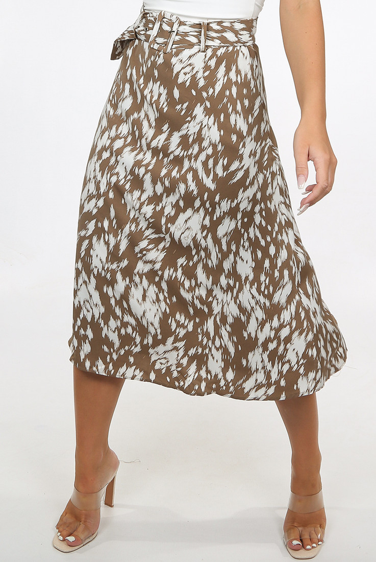 Splash Print Belted Midi Skirt