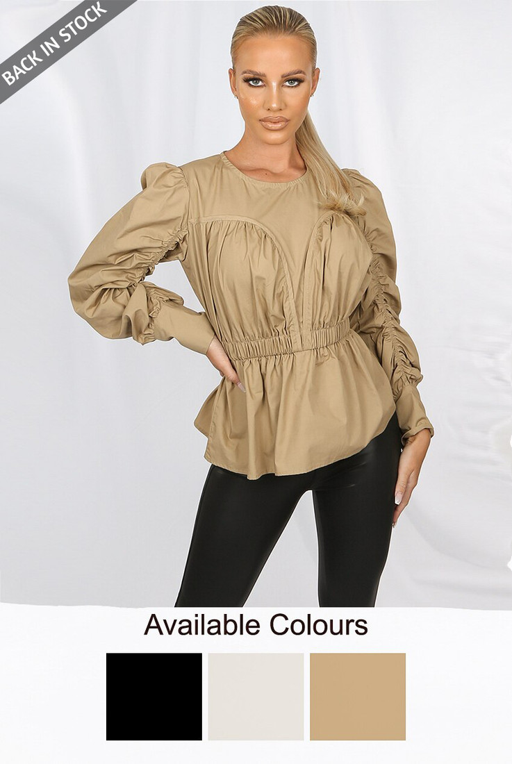 Ruched Elasticated Waist Round Neck Blouse