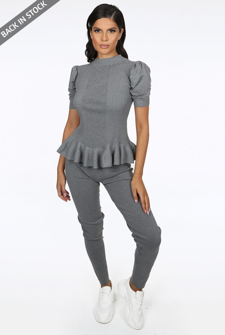 Knitted Short Sleeve Peplum Top & Trouser Set