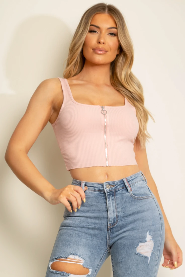 Ribbed Zipper Crop Tops
