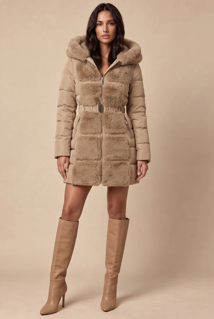 Belted Faux Fur Trim Midi Puffer Coat