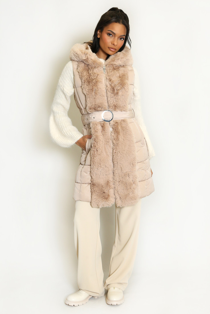 Belted Hooded Gilet With Faux Fur 